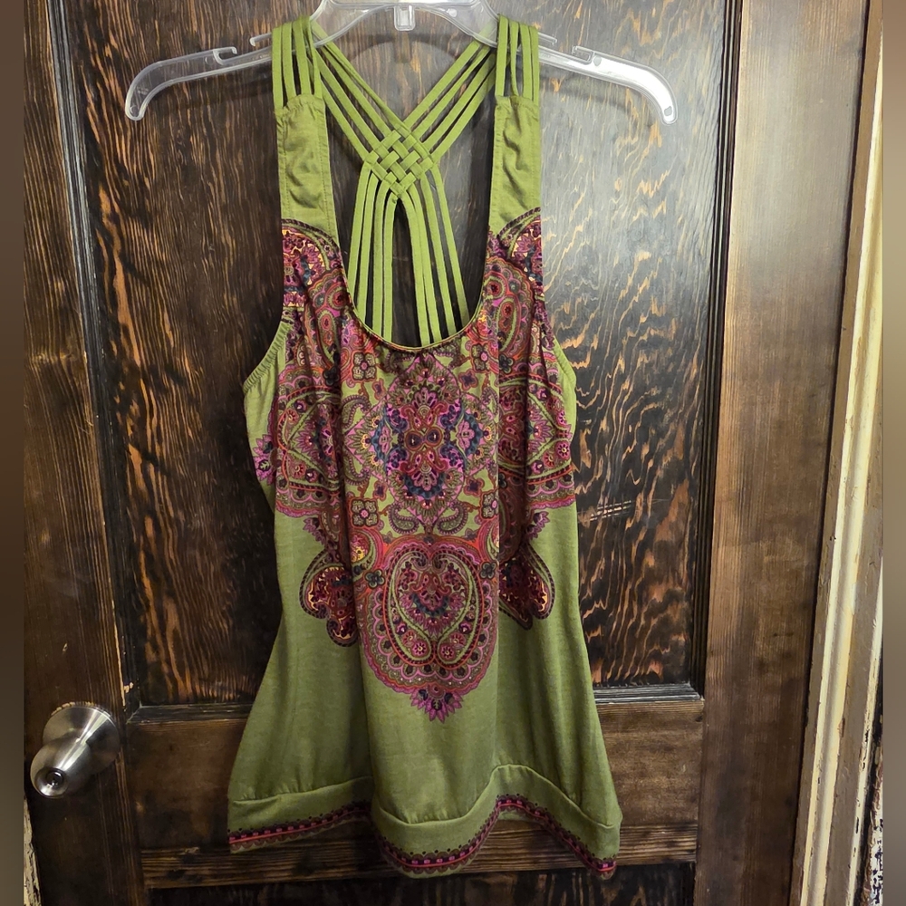 Maurices Olive Green Paisley Mandala Strappy Tank with Pink Accents